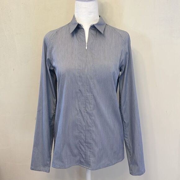 Theory blue white vertical stripe long sleeve zip front blouse Size S EUC - Picture 2 of 9
